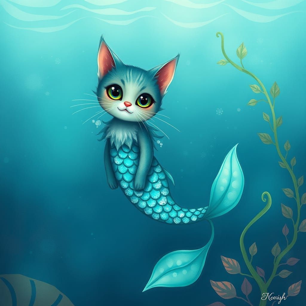 Dreamy Feline Mermaid in Shimmering Turquoise Scales