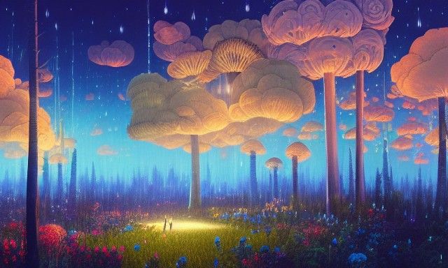 Enchanted Forest Illustration with Fireflies and Flowers
