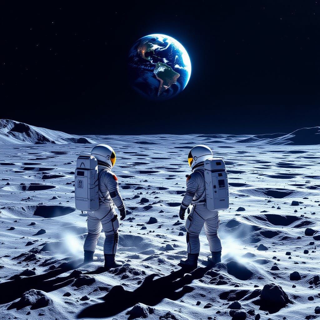 Astronauts on Moon Amidst Craters, Earth in Sky