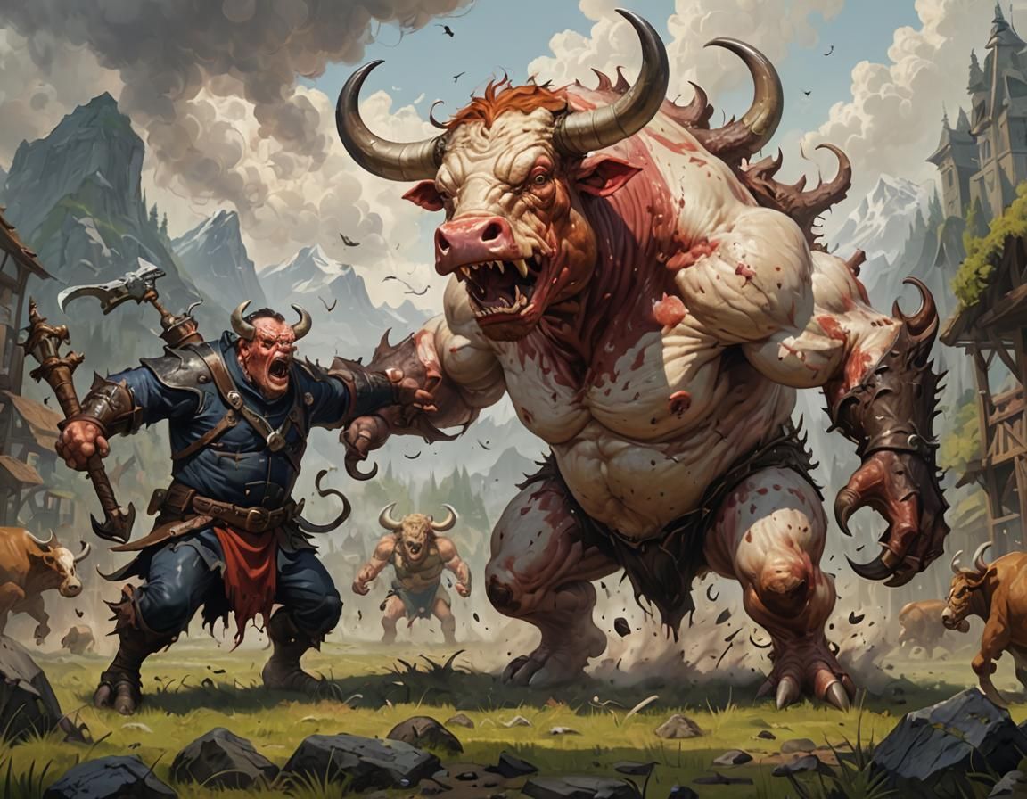 Anthropomorphic Bovine Monster Fighting a Magical Foe