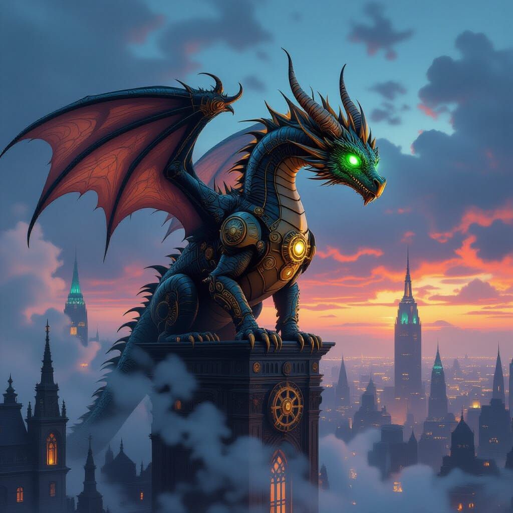 Steampunk Dragon Over Gothic City in Painterly Style