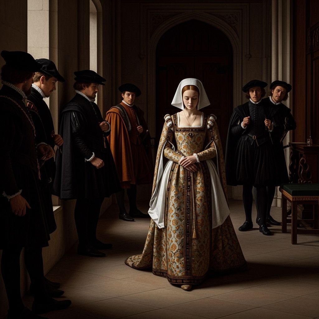 Tudor Court Lady in Dimly Lit Palace Hallway