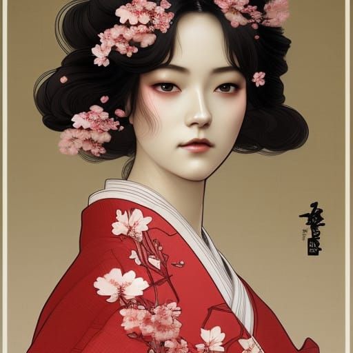 Geisha in Cherry Blossoms: Art Nouveau Portrait