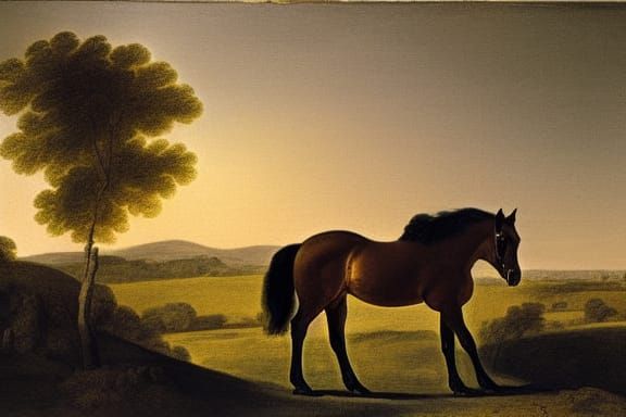 Horse Grazing at Sunset: Detailed Matte Painting