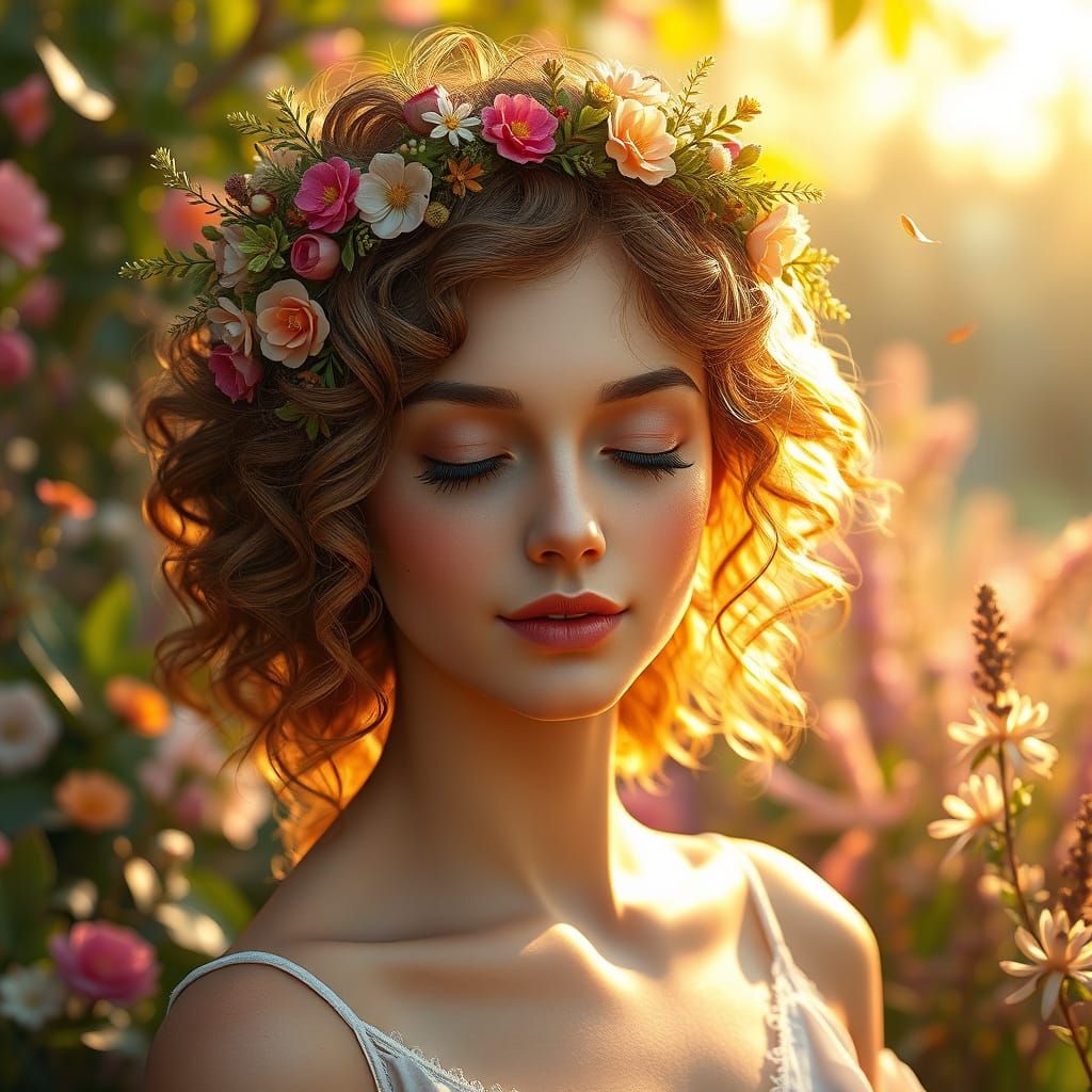 Serene Floral Goddess in a Vibrant Garden