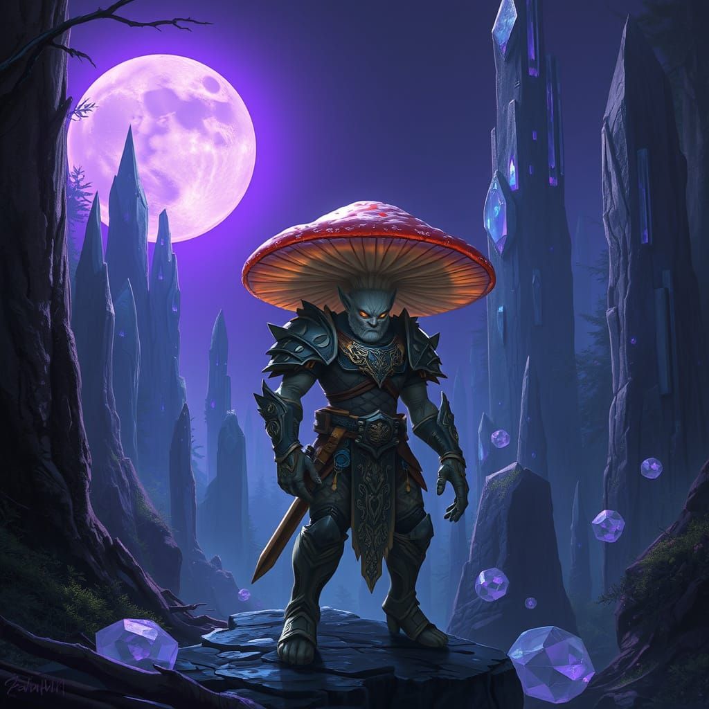 Mushroom Warrior in Crystalline Forest: Digital Concept Art