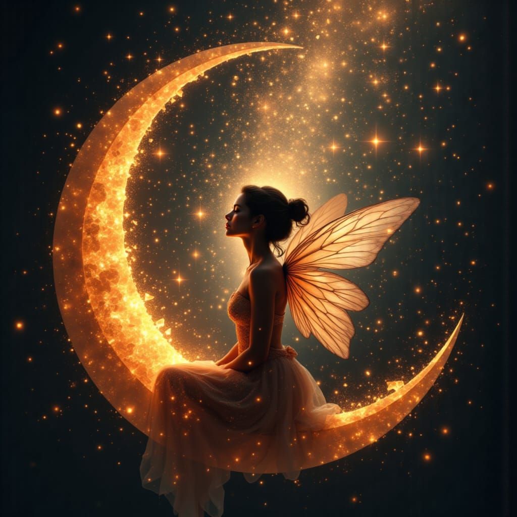 Ethereal Fairy Silhouette on Crescent Moon