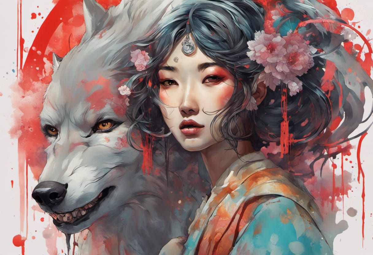 Asian Wolf Yokai Woman in Volumetric Lighting