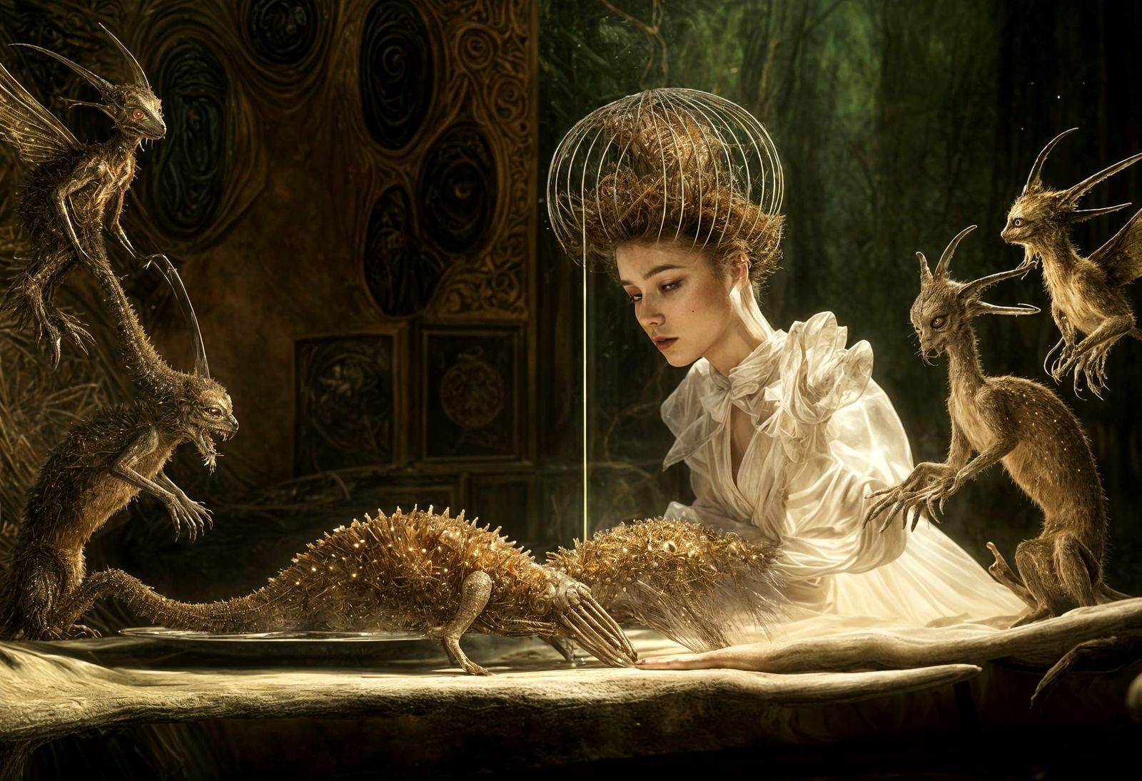 Magical Alien Pets with Woman in Surreal Scene
