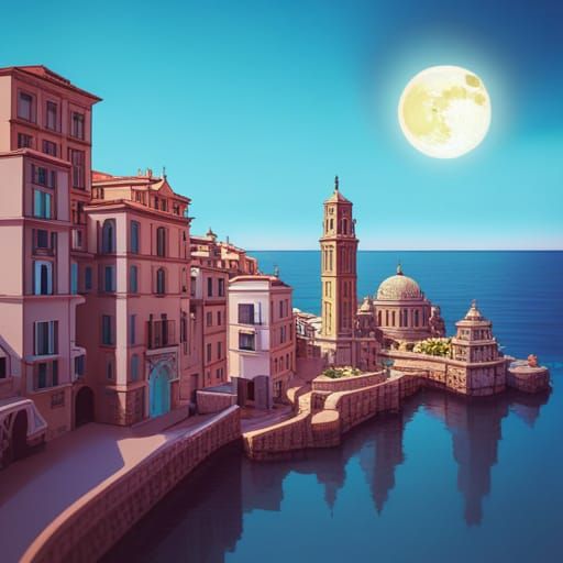 Italian Coastal City at Night with Aurora