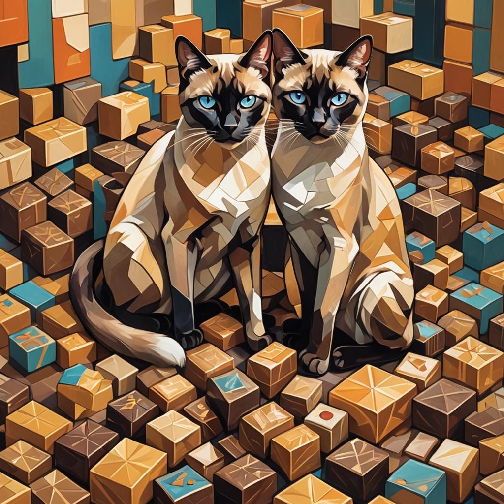 Cubist Siamese Cats with Chocolates: Geometric Art Deco