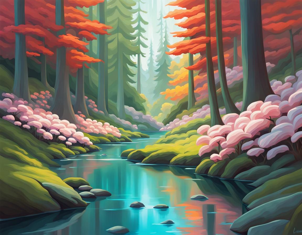 Fantasy Flower Forest Digital Landscape Painting