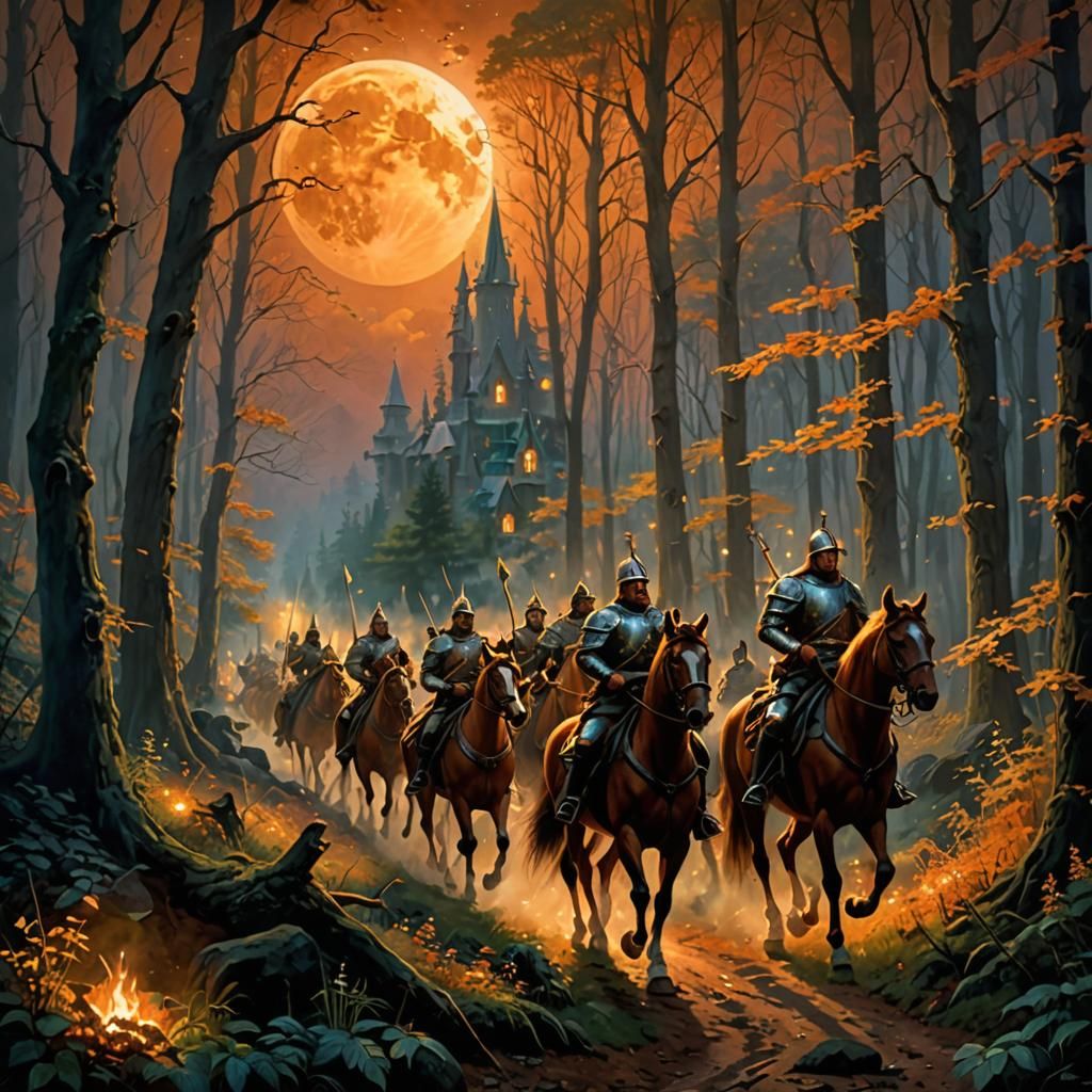 Medieval Soldiers in Misty Forest: Kinkade Style