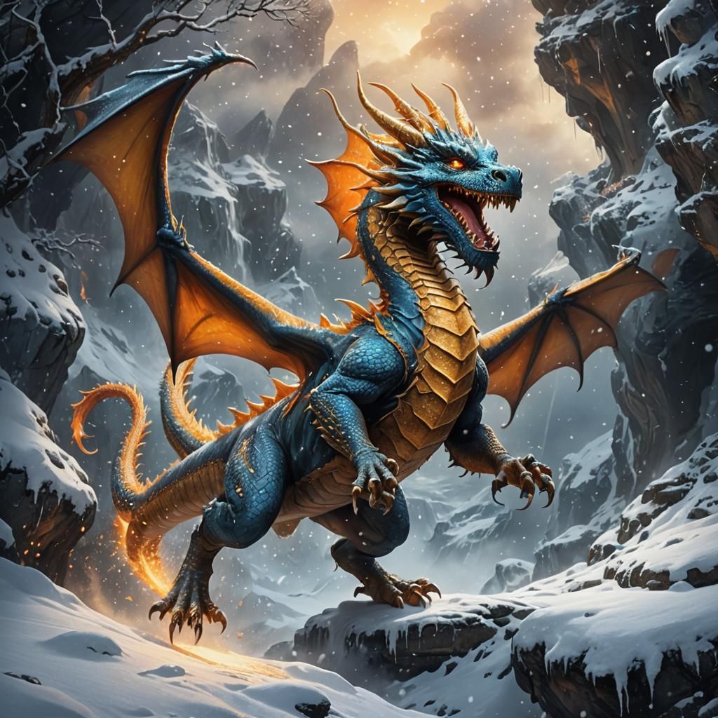 Smiling Dragon in Snowstorm: High Fantasy Concept Art