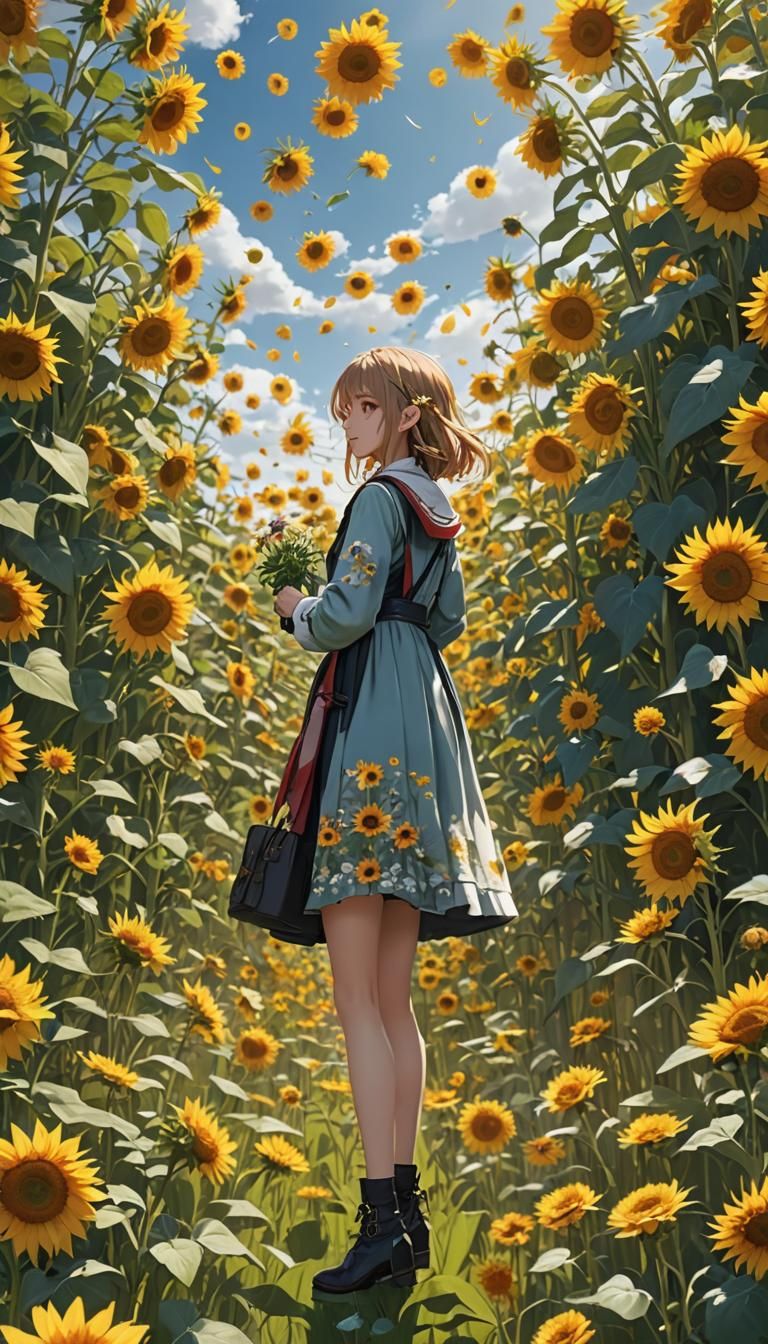 Lush Anime Field with Sunflowers and Roses