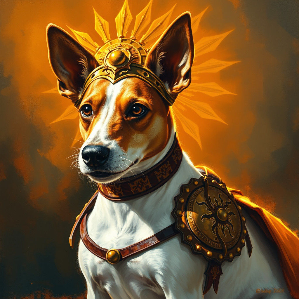 A jack russell dog wearing the sun lord armour