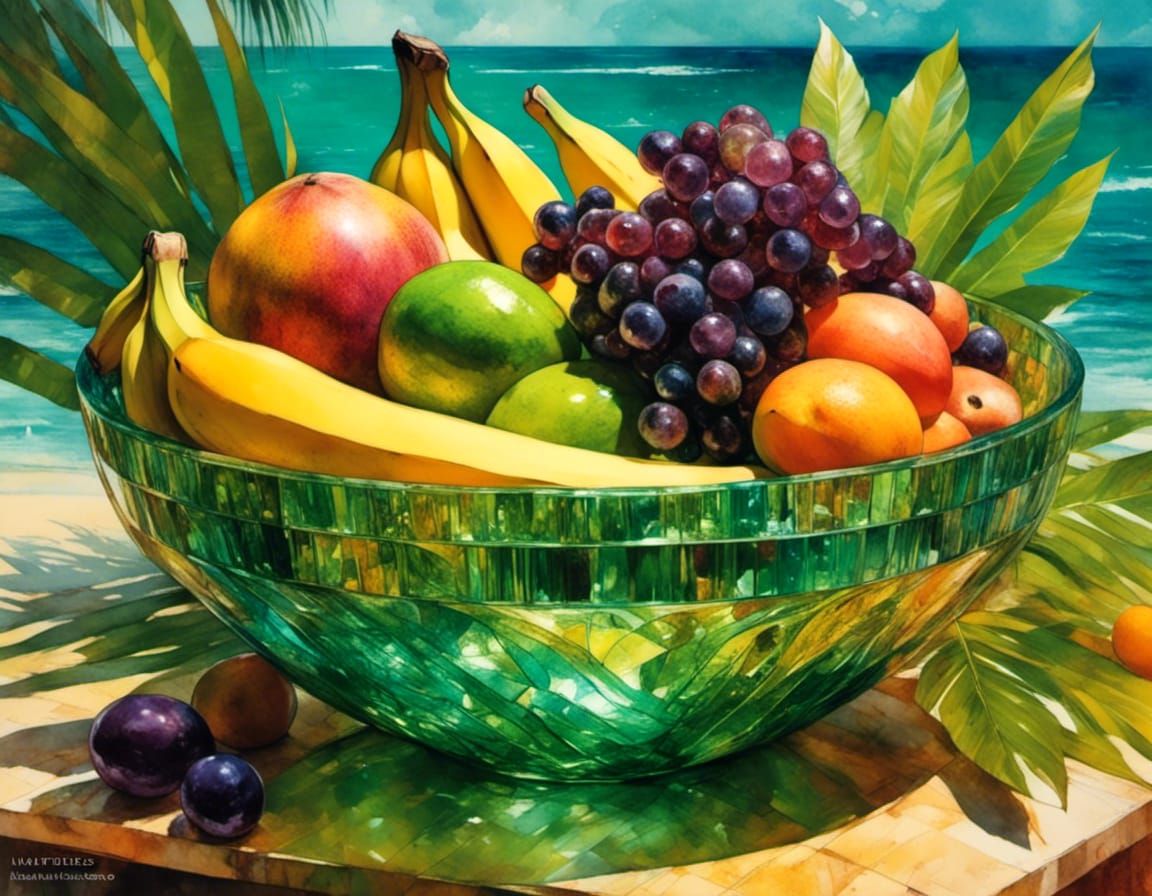 Jeweled Bowl of Fruit in Retro Synthwave Style