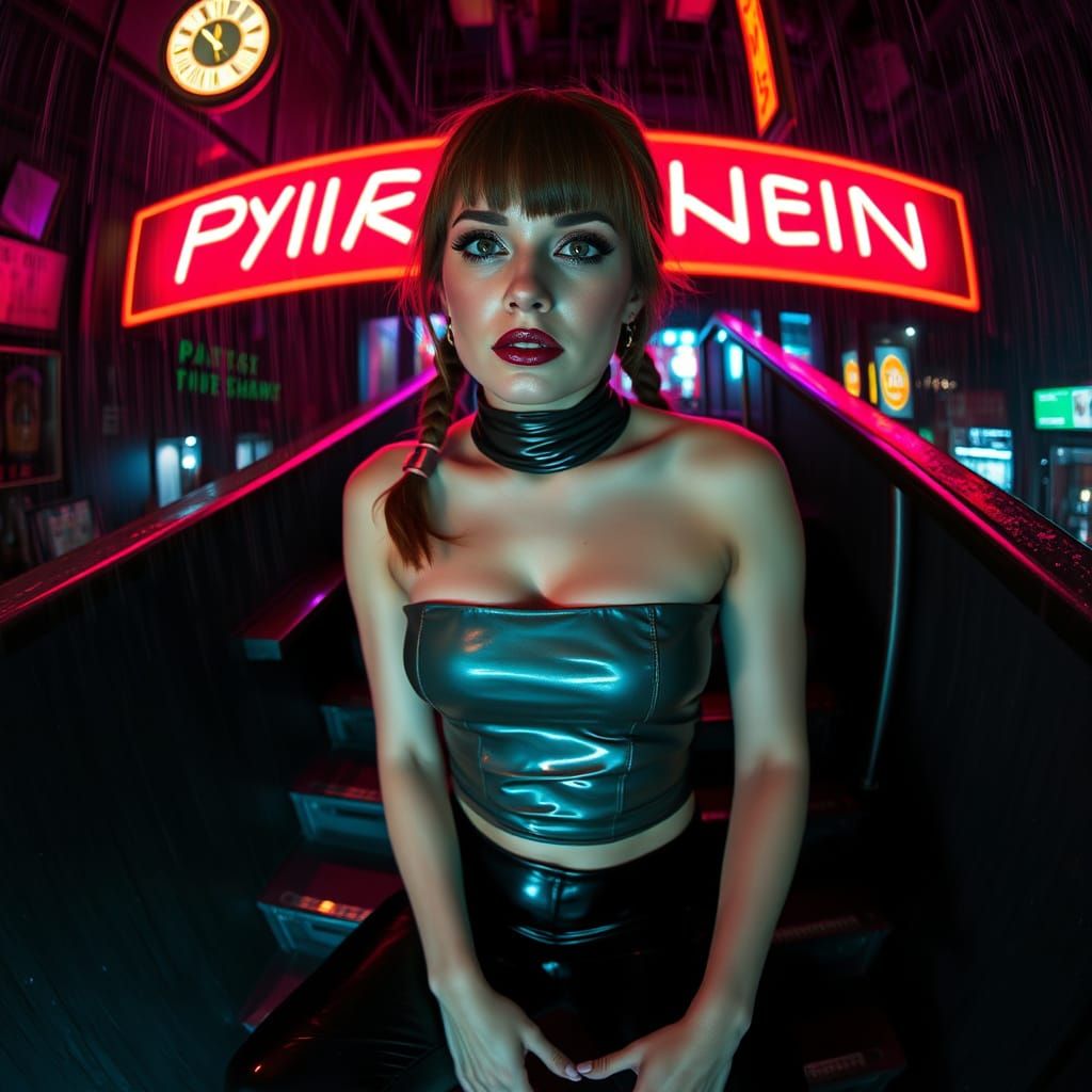 Woman with Pigtails in Dystopian Bar, Film Noir