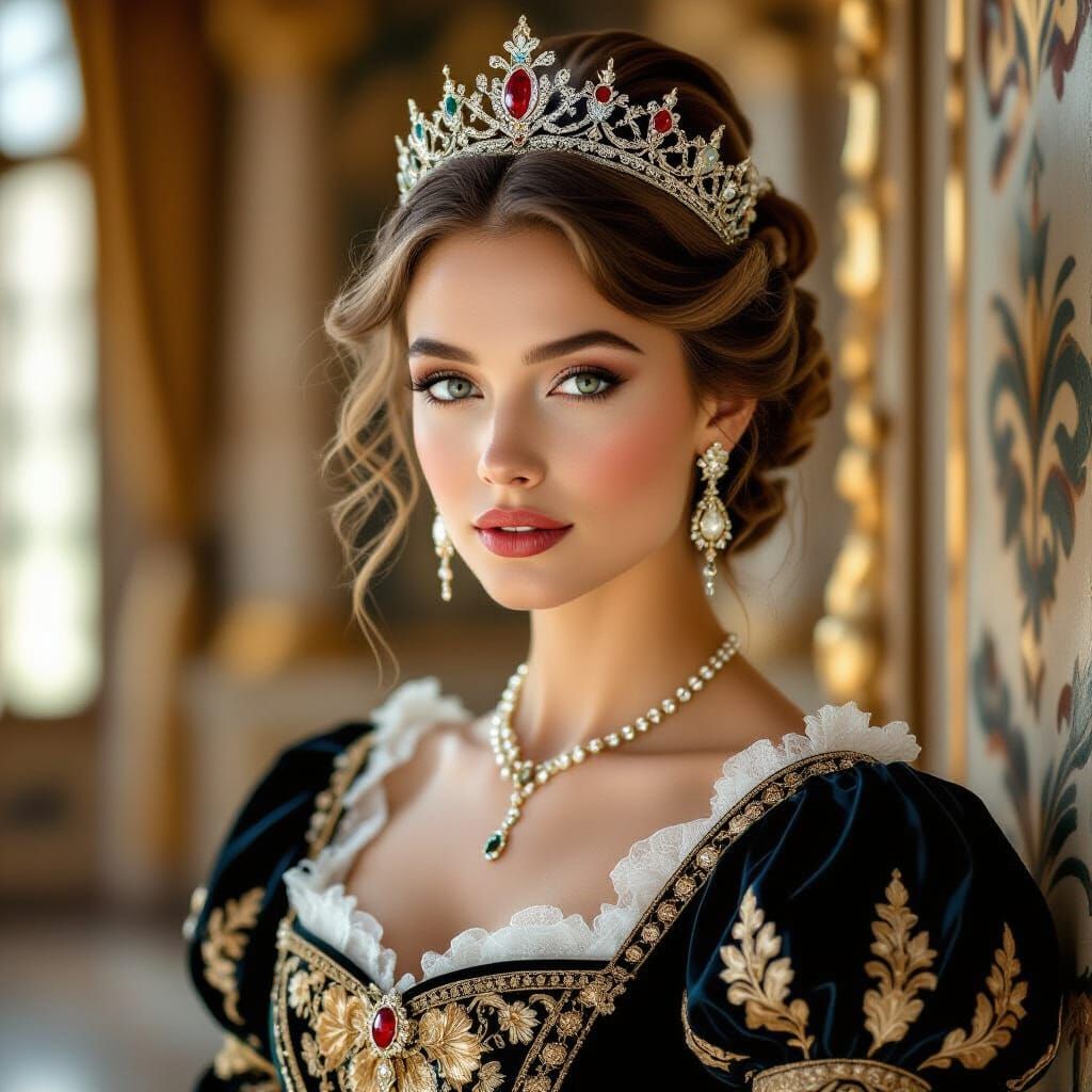 A regal woman with elegant features and a delicate crown gaz...