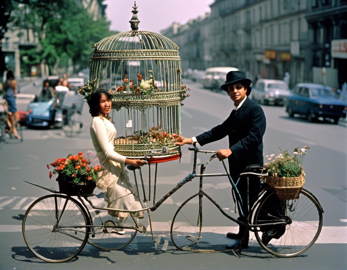 People, Bikes and Birdcage in Sunny Cityscape
