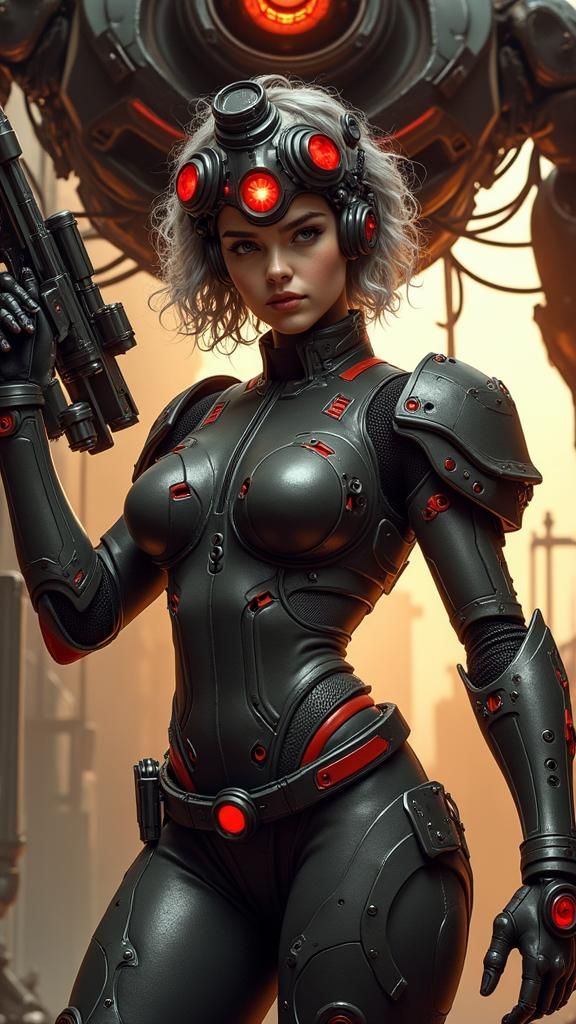 Cyberpunk Girl Soldier with Glowing Eyes in Dystopian Ruins