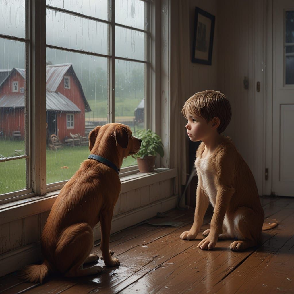 A Sad Boy and His Dog Contemplate the Rainy Farm Landscape