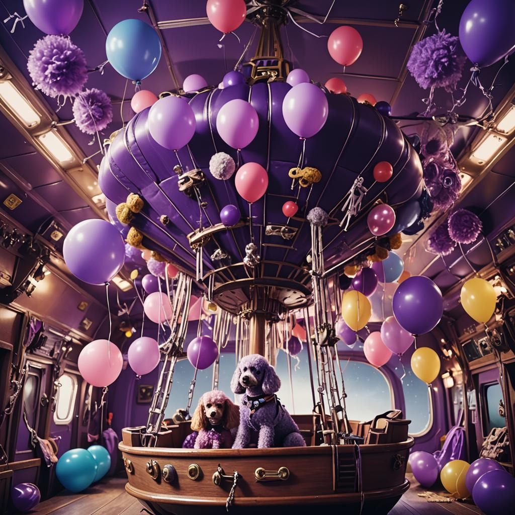 Purple Spaceship Pirate Boat with Poodles: Cinematic Still