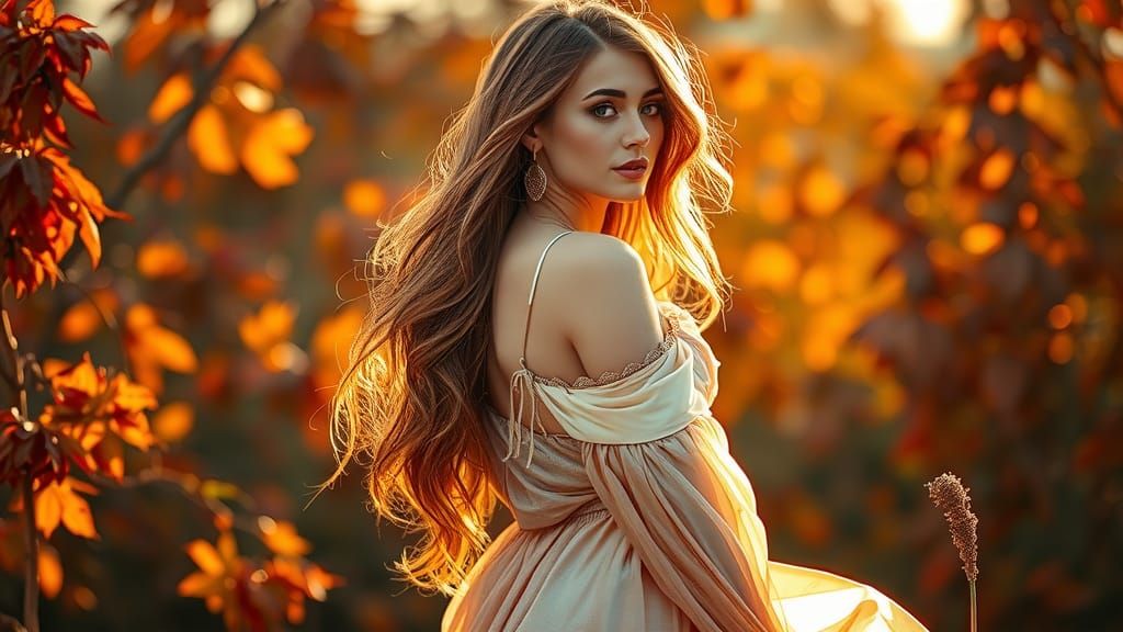 Woman in Autumn Landscape with Flowing Gown