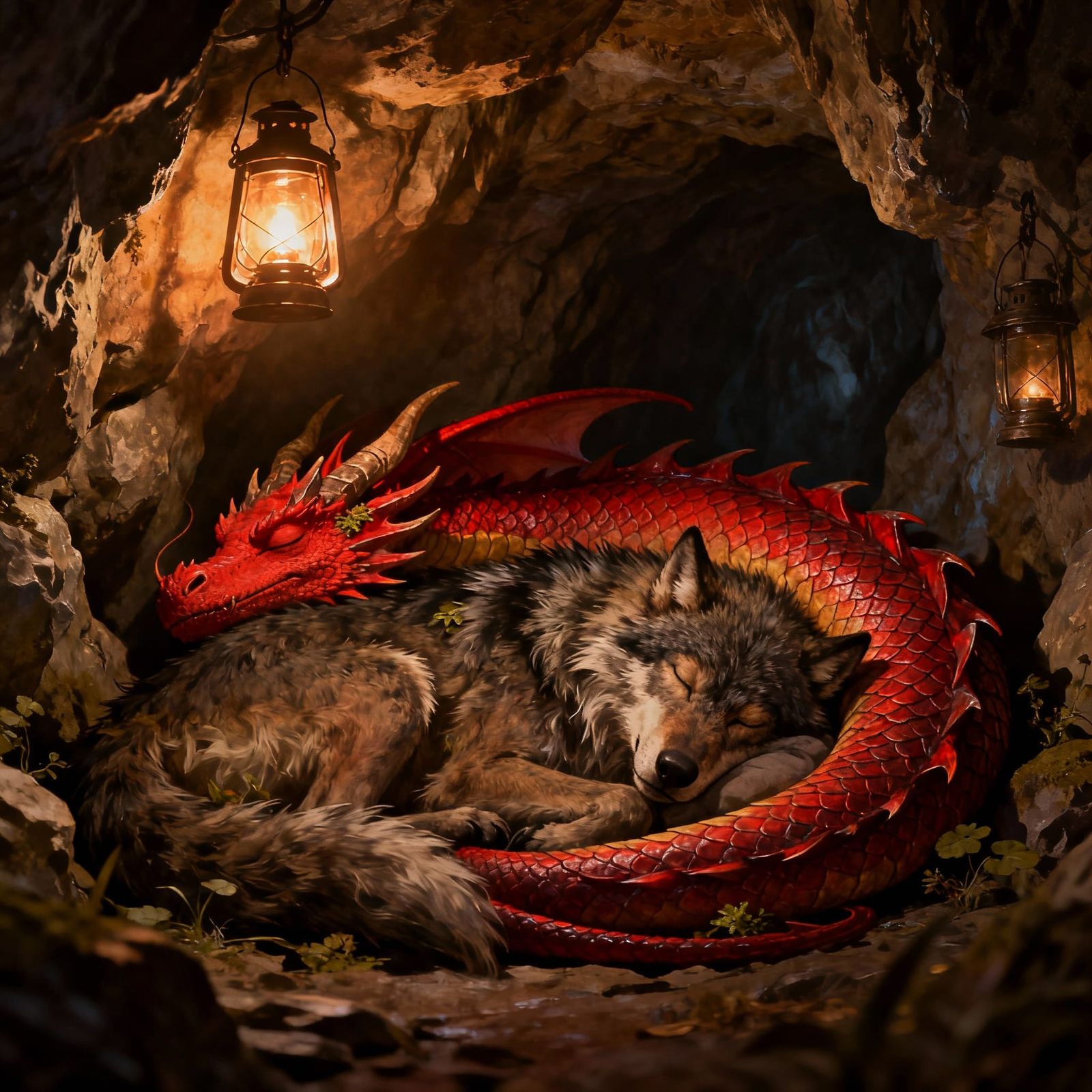 Dragon and Werewolf Sleeping Peacefully in Lantern-Lit Cave