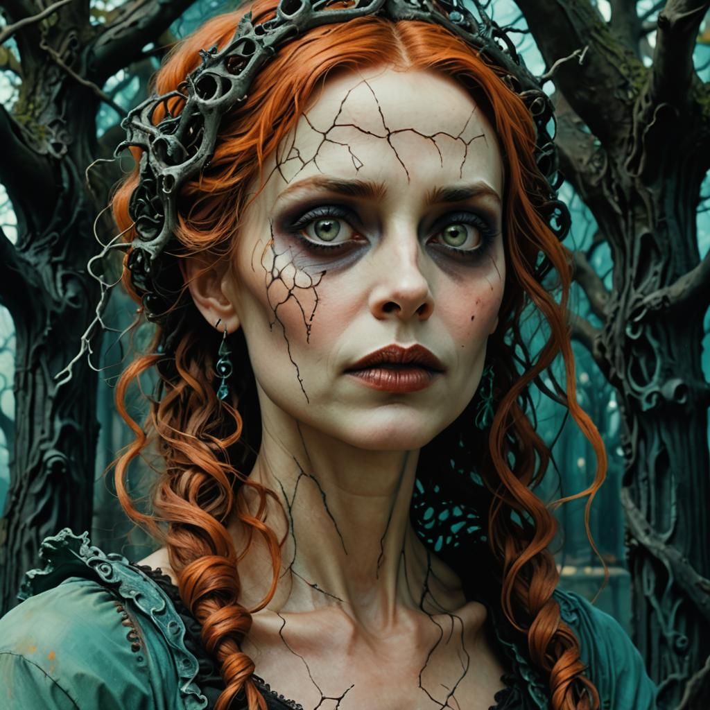 Gothic Woman in Surreal Victorian Cityscape