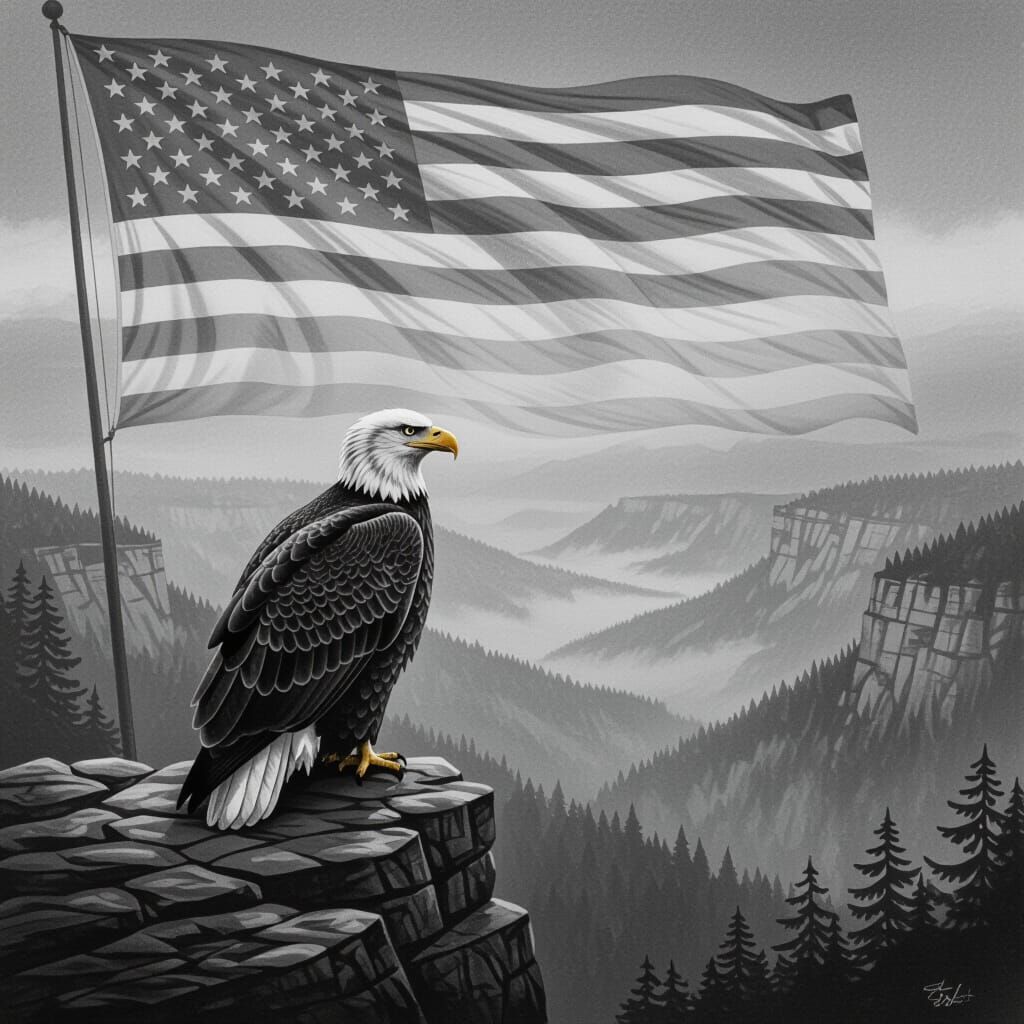 Charcoal Eagle Over Misty Valley with American Flag