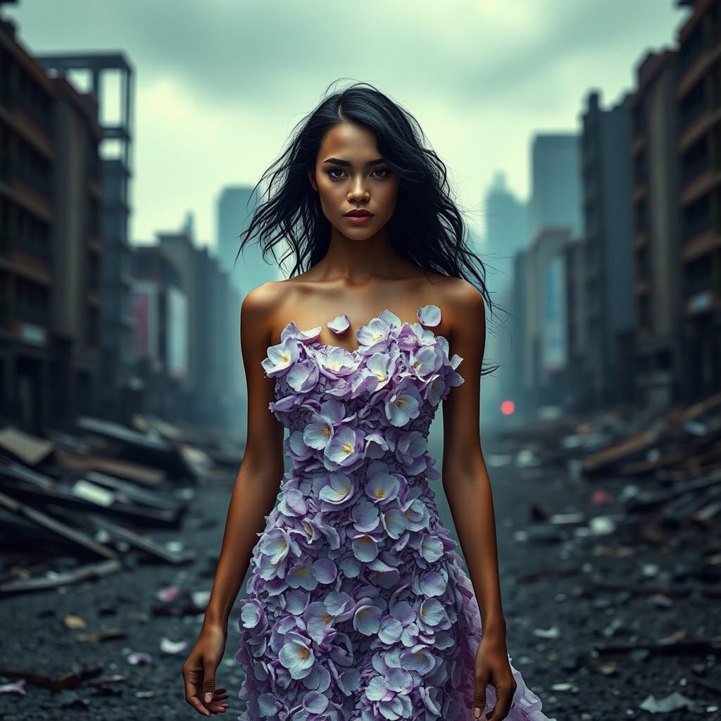 Confident Beauty Amidst Desolate Ruins in a Cyberpunk Landsc...