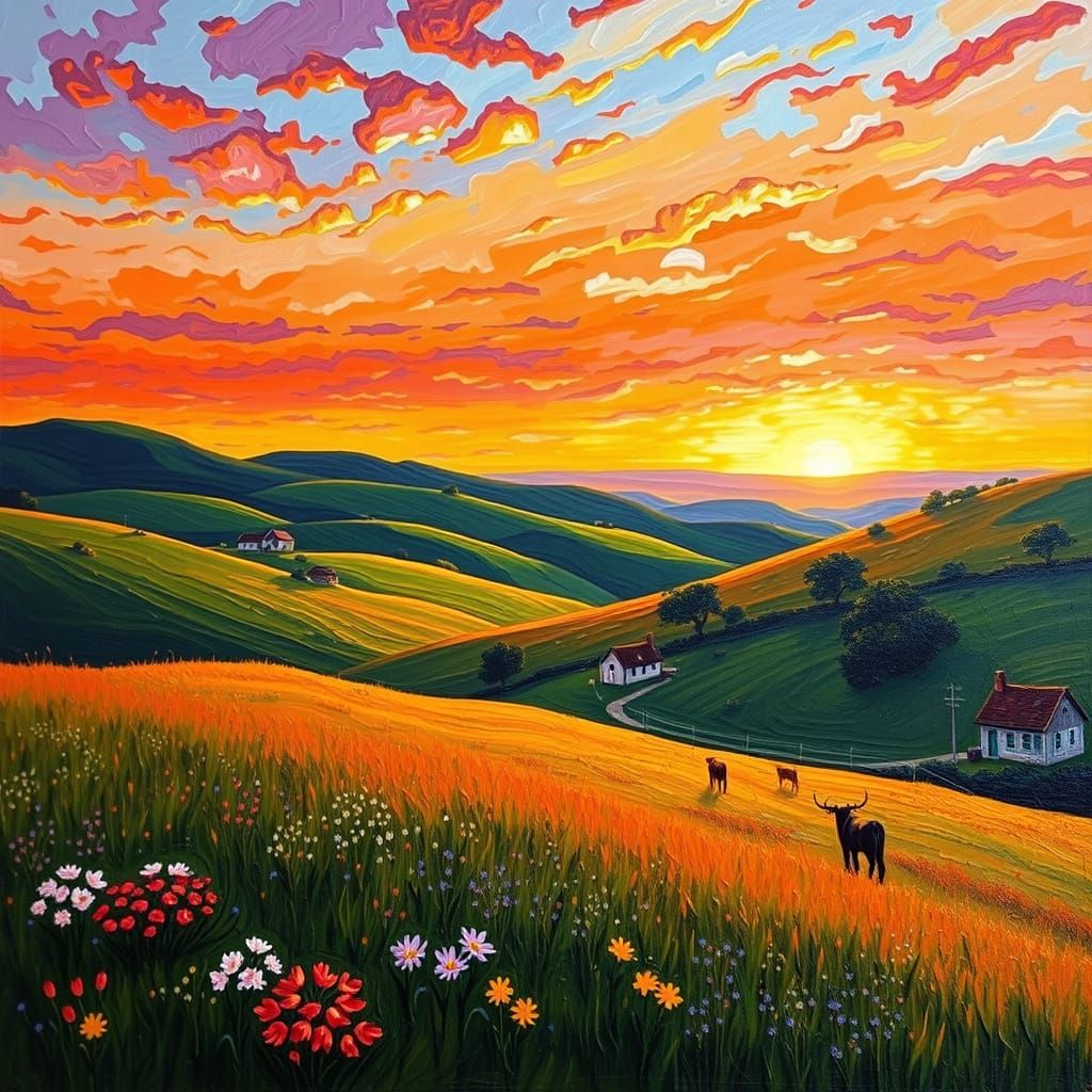 Impasto Countryside Landscape at Dawn with Wildflowers