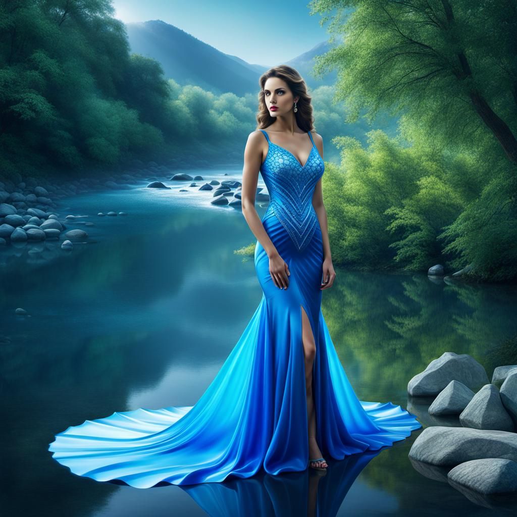 Lady in Blue Polygonal Dress by River: Digital Art
