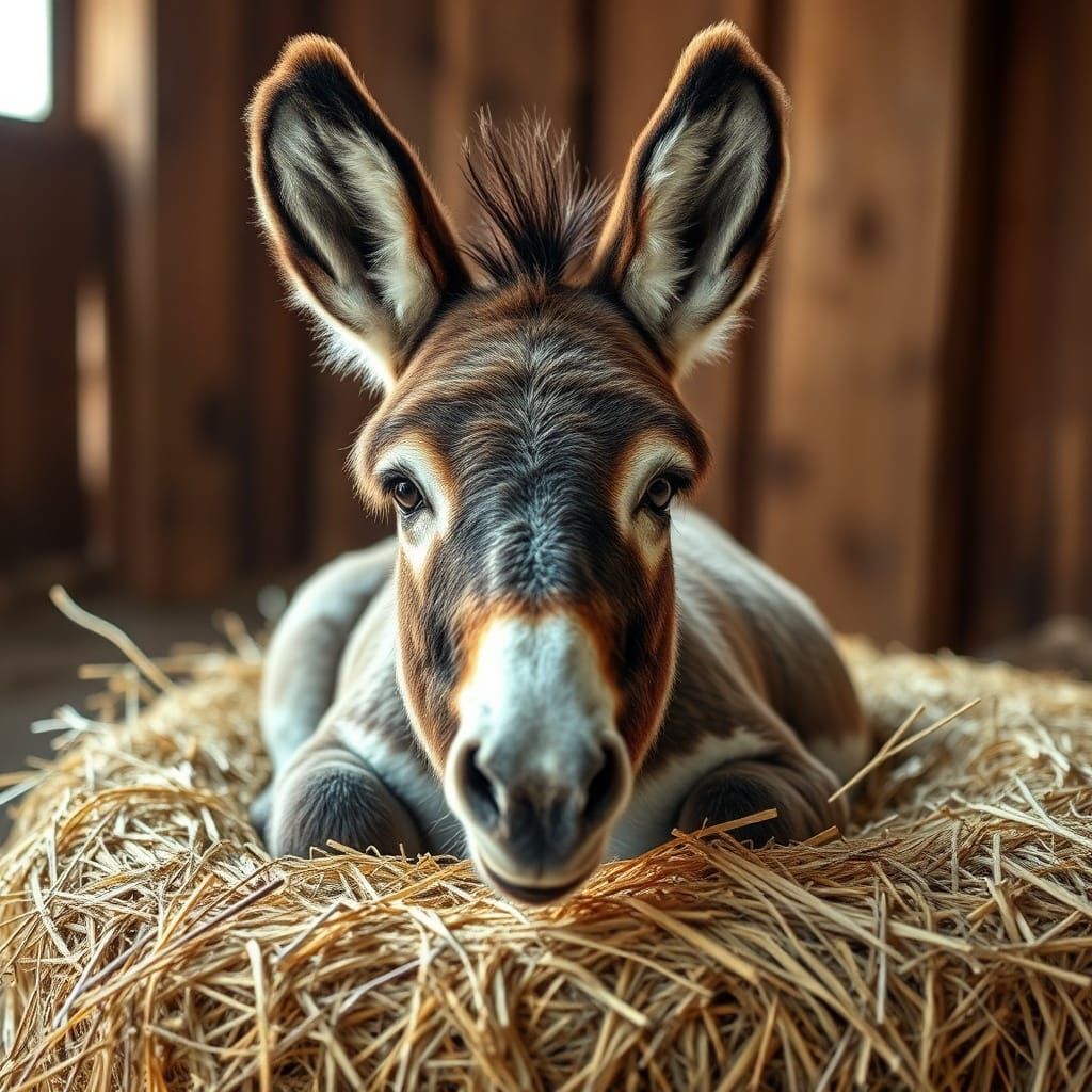 Baby Donkey on Hay Bale in Surreal Barn