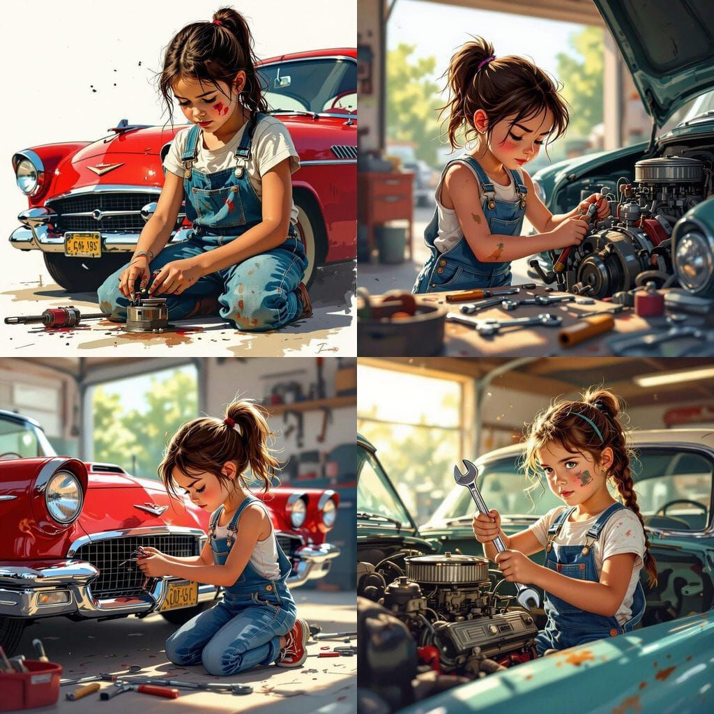 Young Girl Fixing a Car, Full Body Shot