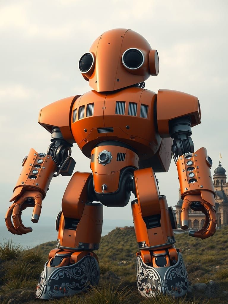 Futuristic Brutalist Combat Robot in Hyper-Realistic Metalli...