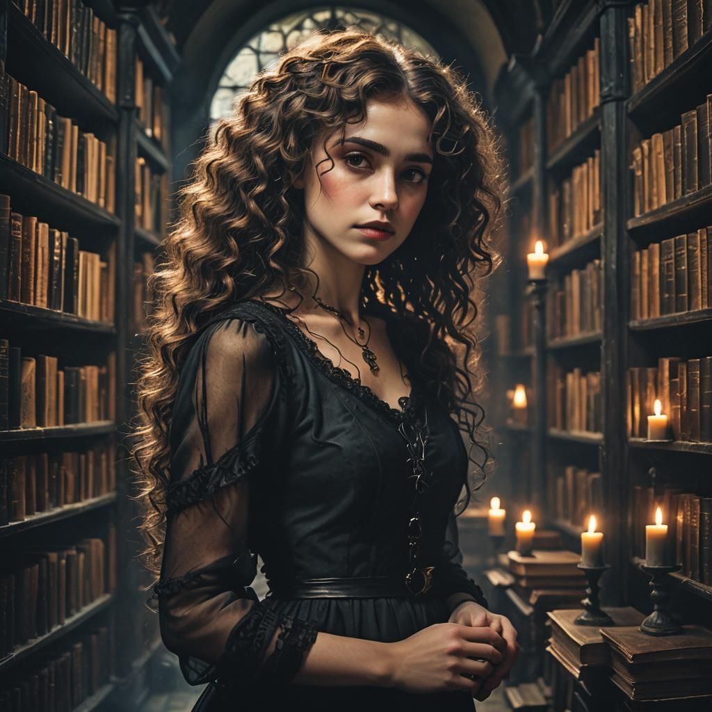 Ethereal Woman in Library, Gothic Academism Style