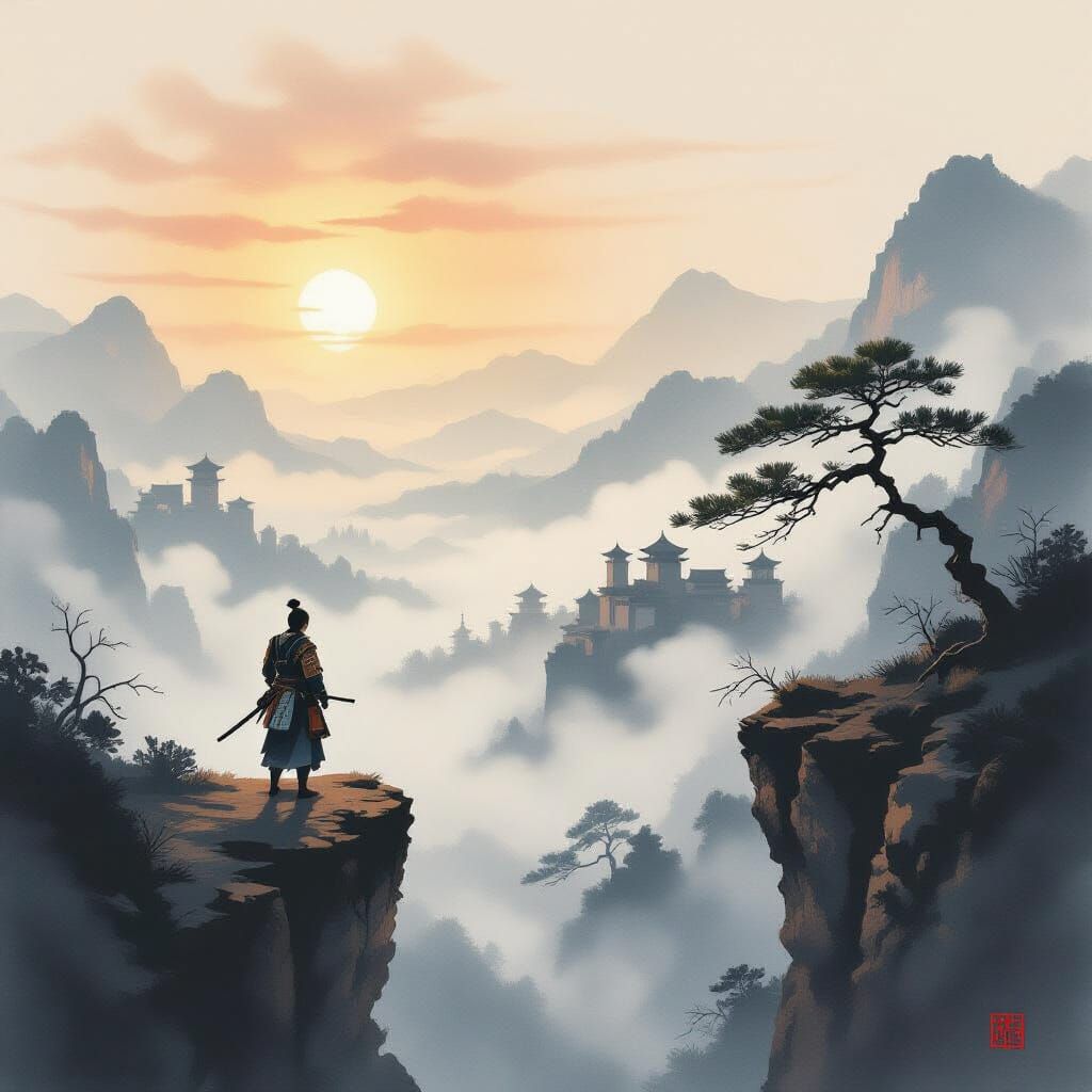 Samurai Warrior at Dawn in Ink Wash Painting Style