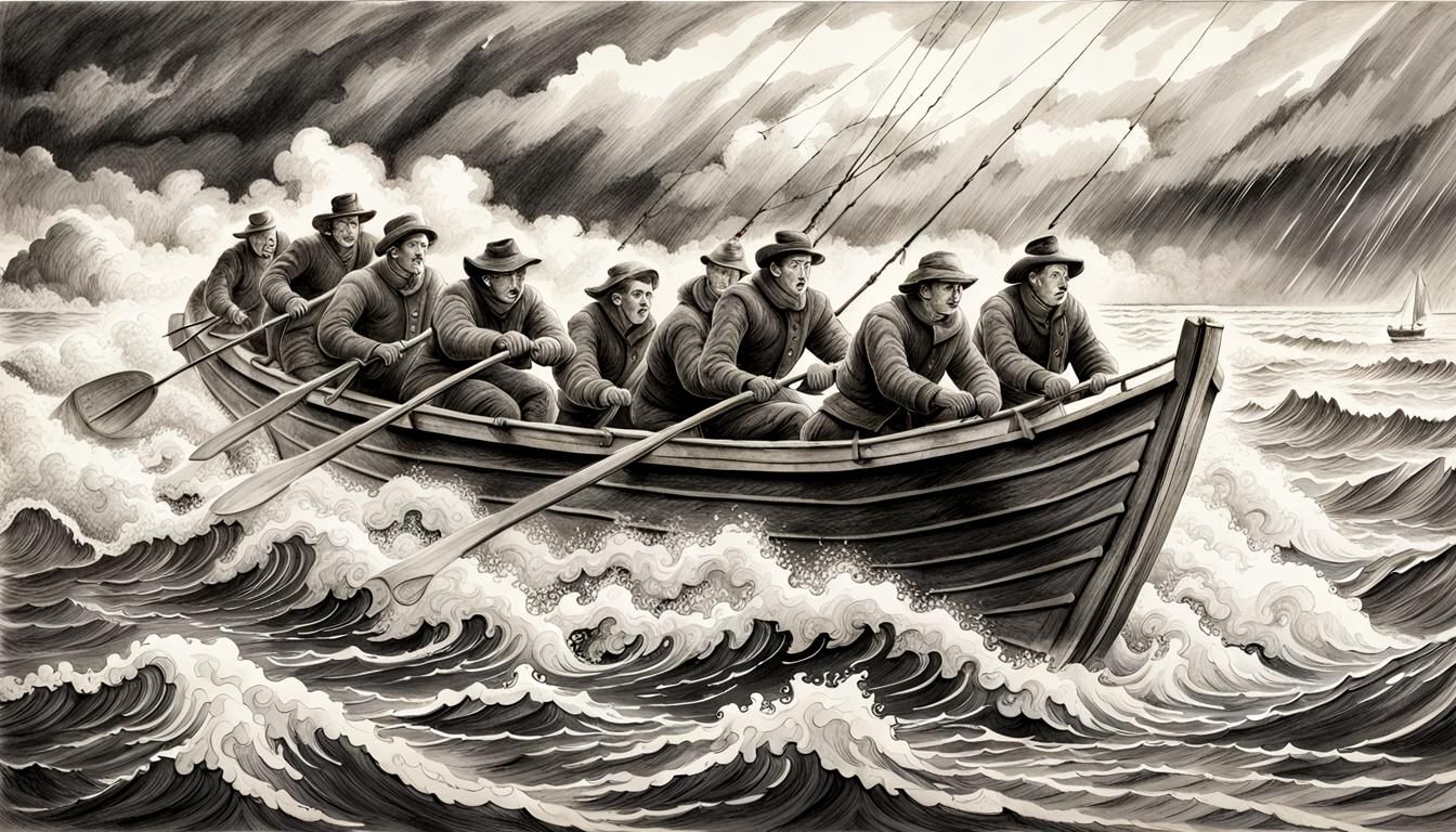 Lifeboat Crew Braves Storm in Pencil Art