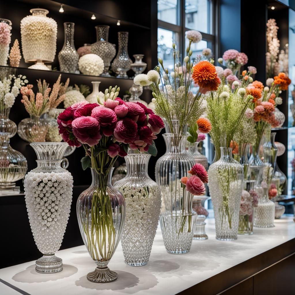 Elegant Flower Shop Display with Crystal Vases