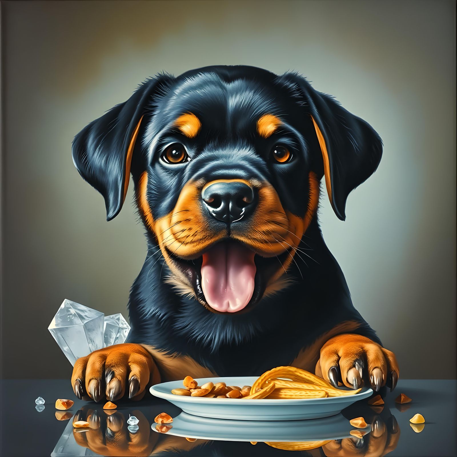 Surreal Rottweiler Puppy Portrait in Oil and Crystal
