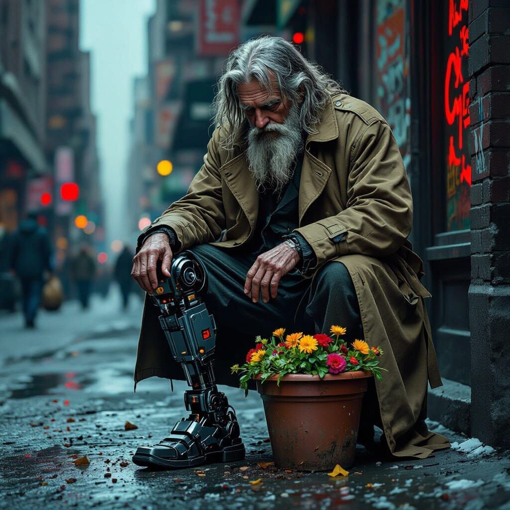 Homeless Man with Robotic Leg in Gritty NYC Street