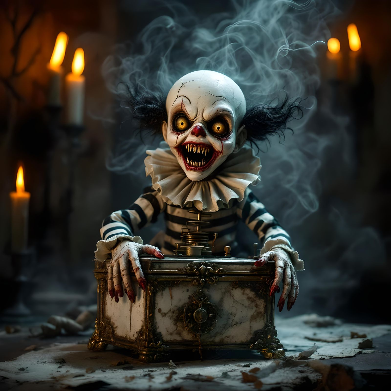 Grotesque Zombie Clown Jack-in-the-Box in Gothic Surrealism