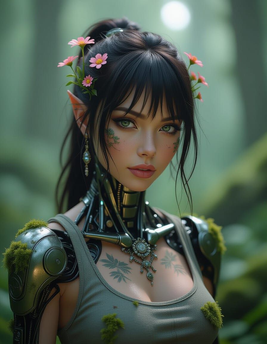 Ethereal Android Embraces Nature in Lush Forest