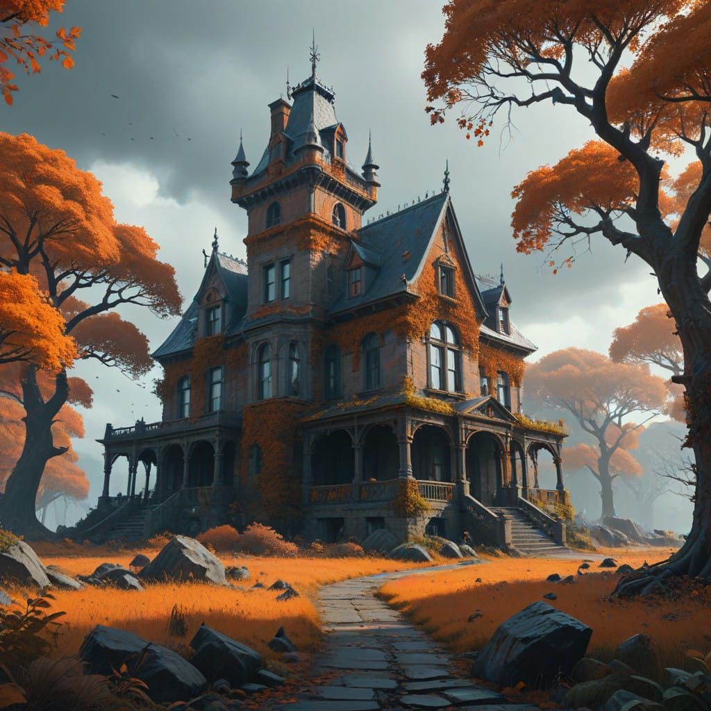 Autumn Trees Guard a Haunted Mansion in a Cyberpunk Aestheti...