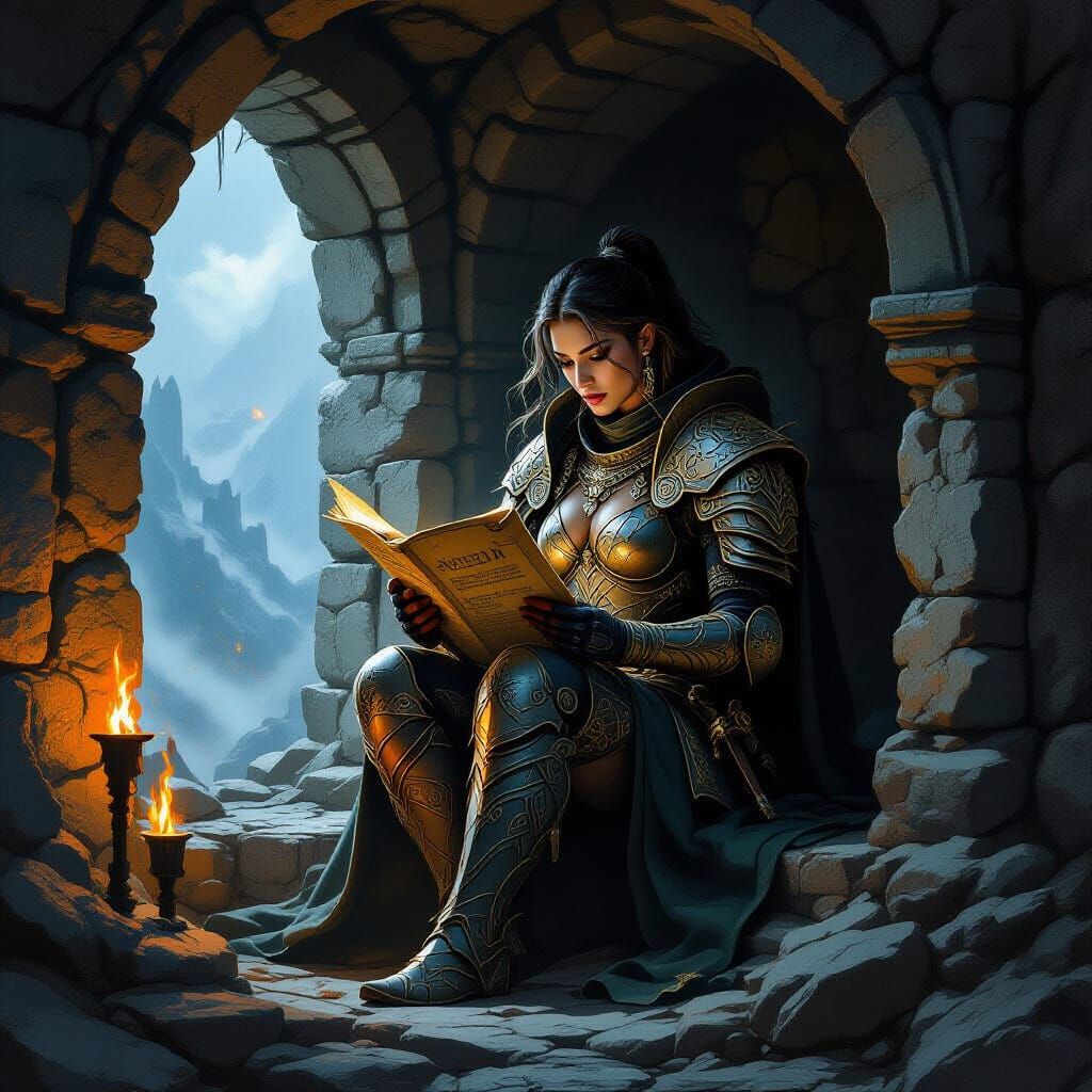 Dragonborn Warrior Reading Scroll in Fortress