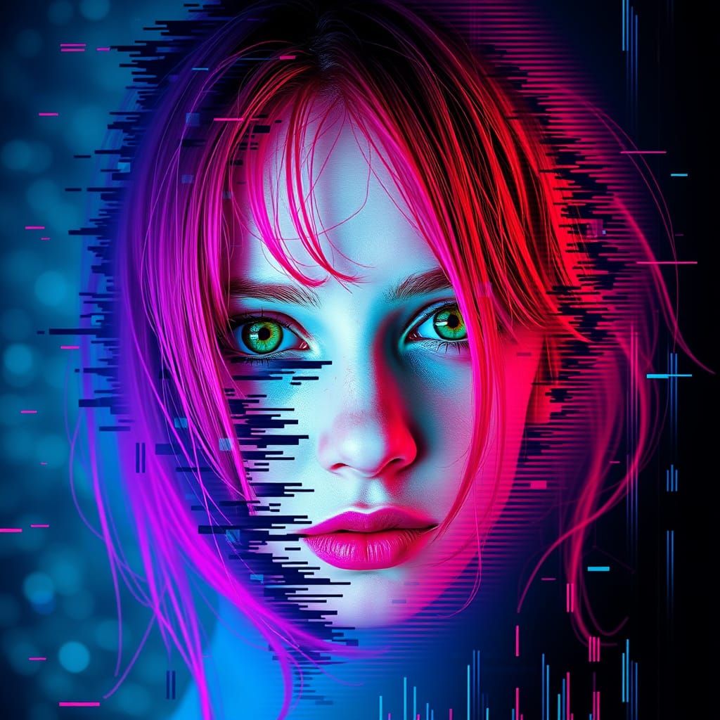 Glitch Art Portrait of a Red-Haired Girl