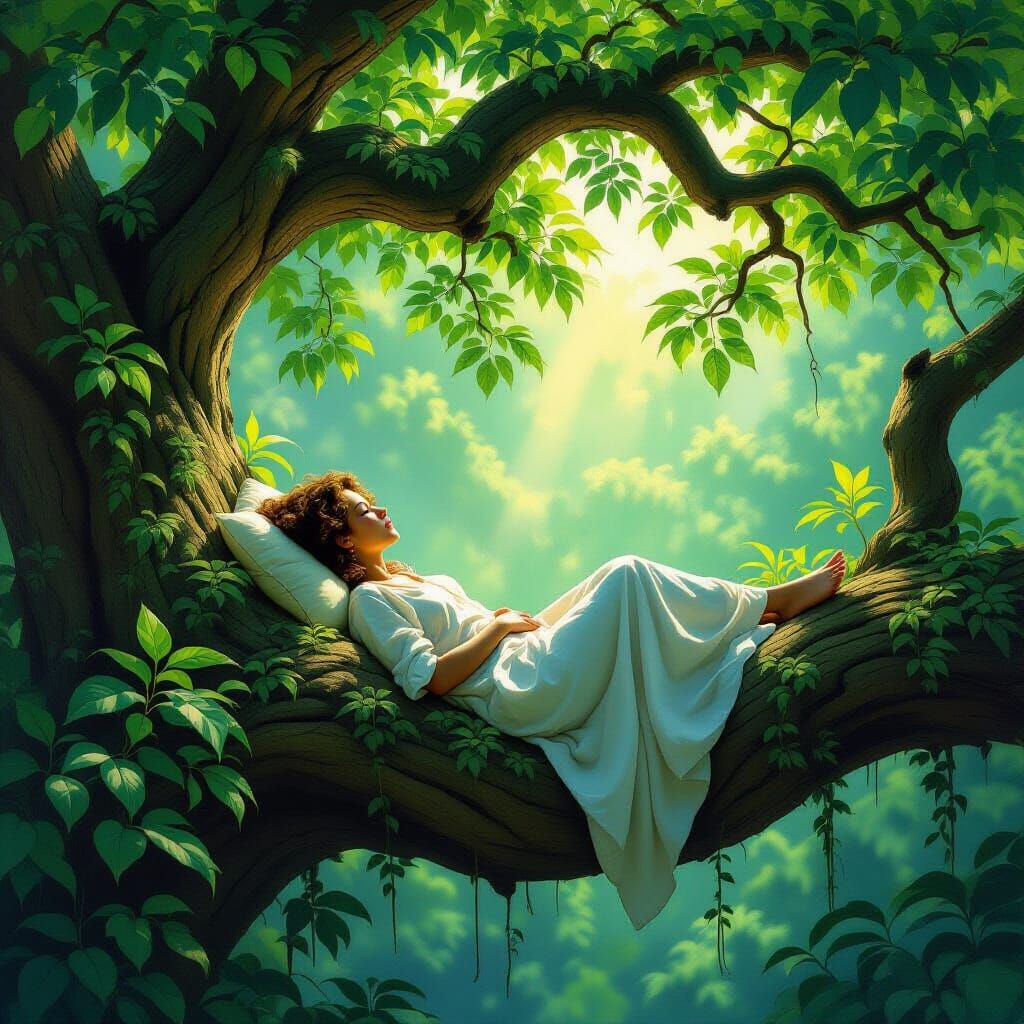 Serene Sleep on Ancient Tree Branch in Fantasy Art Style