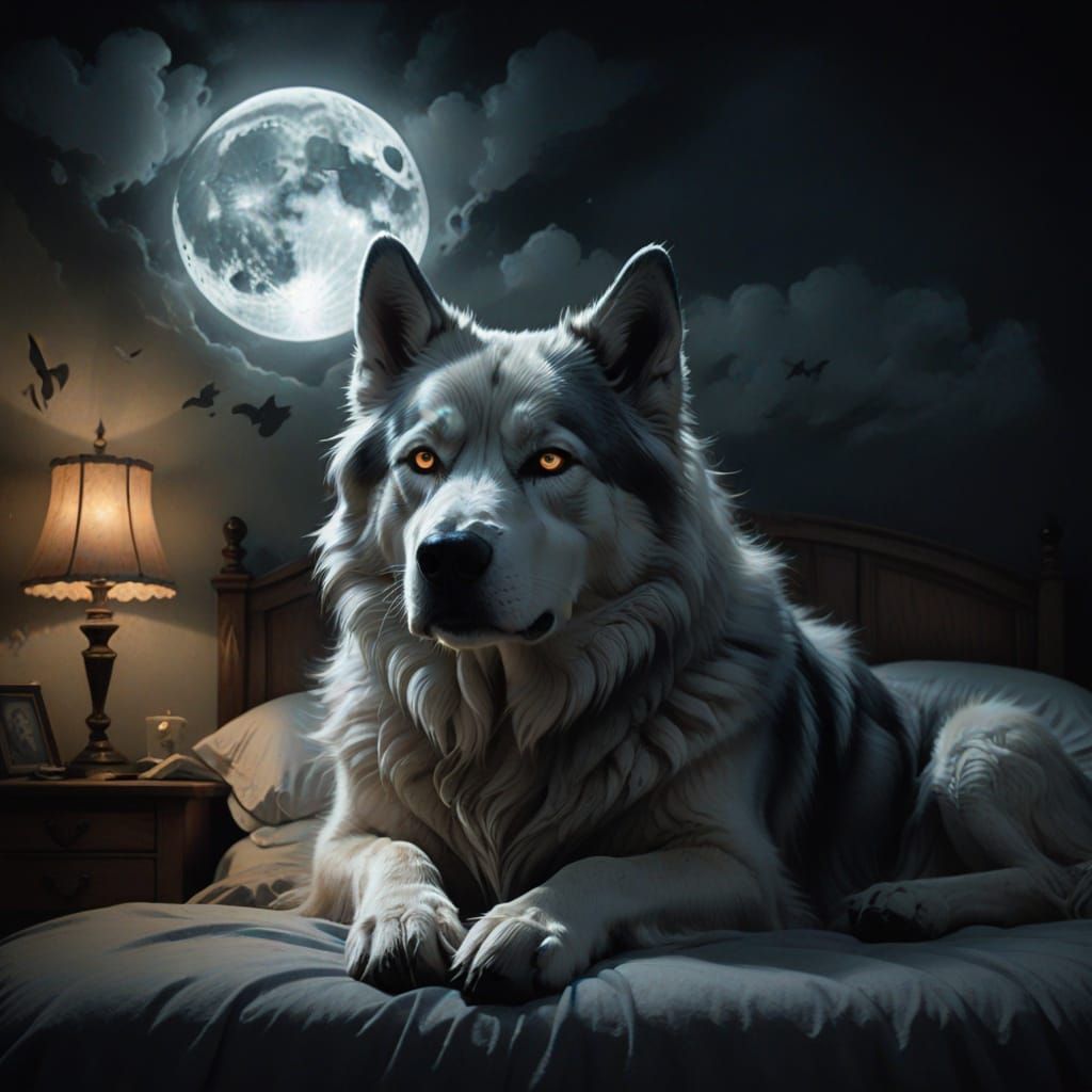 Spectral Husky Spirit Looms Over Sleeping Child in Darkened ...